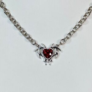 Valentine's Day Red Heart Jewel Necklace Pendant Cupid Love Silvertone 16.5in